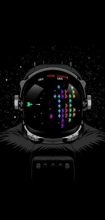 Astronaut with arcade game on visor, black background, neon colors.