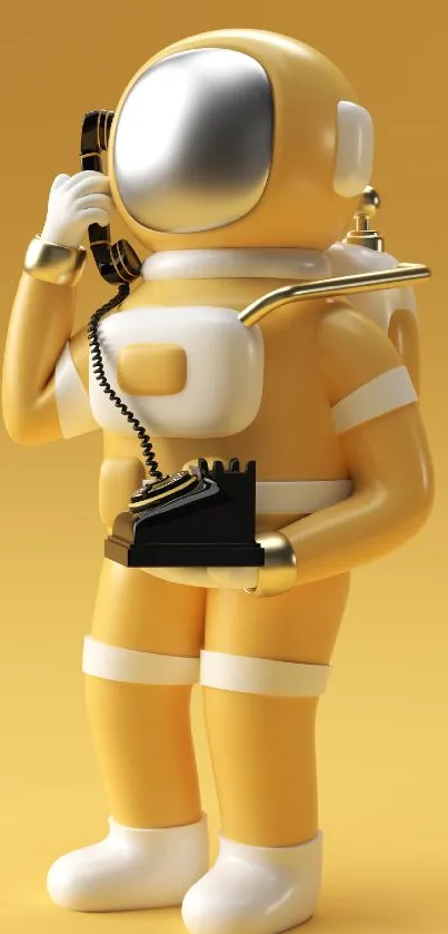 Retro astronaut with phone on yellow background.