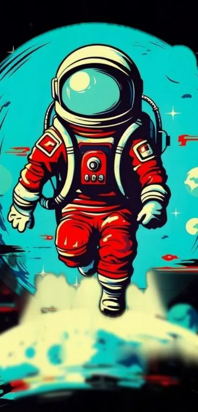 Retro astronaut floating in turquoise space, vivid and colorful design.