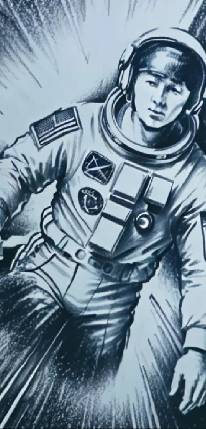 Black and white retro astronaut art for space-themed wallpaper.