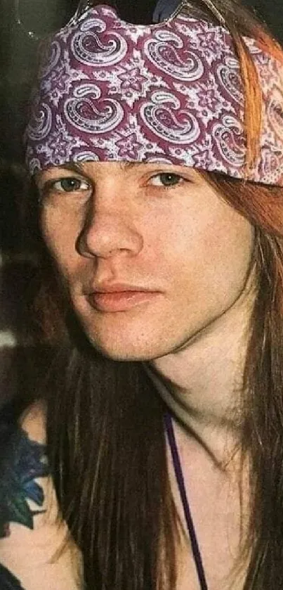 Retro portrait with paisley bandana and long hair.