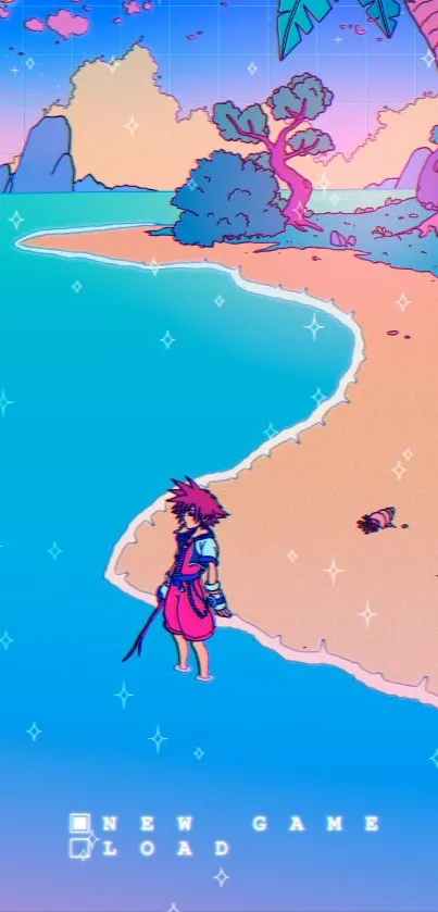 Vibrant retro beach scene with gaming elements on a mobile wallpaper.