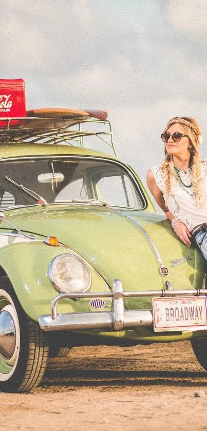 Vintage Beetle car with laid-back summer vibe.