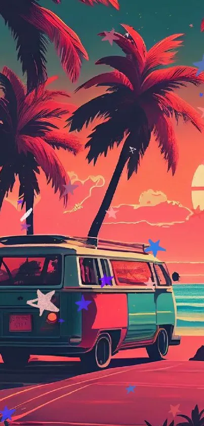 Vintage van by palm trees during vibrant sunset on a tropical beach.