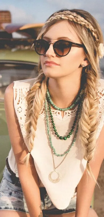 Retro beach wallpaper with vintage car and boho style.