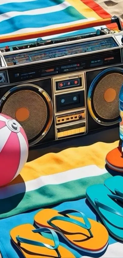 Retro beach scene with boombox, colorful flip-flops, and beach ball.