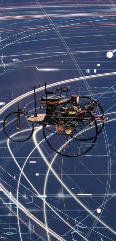 Vintage bicycle with futuristic digital lines on a dark blue background.