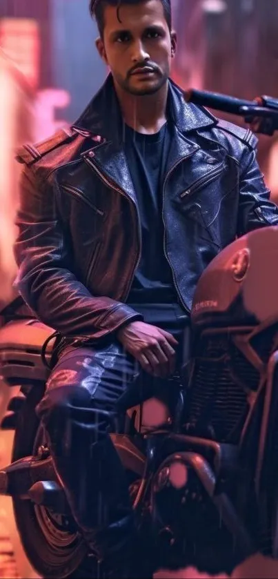 Biker with leather jacket in neon-lit city.