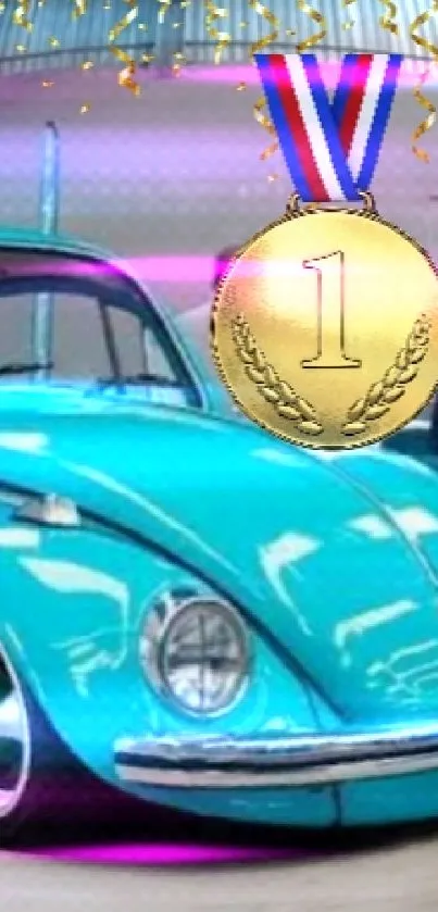 Classic Volkswagen Beetle with gold medal in cyan.