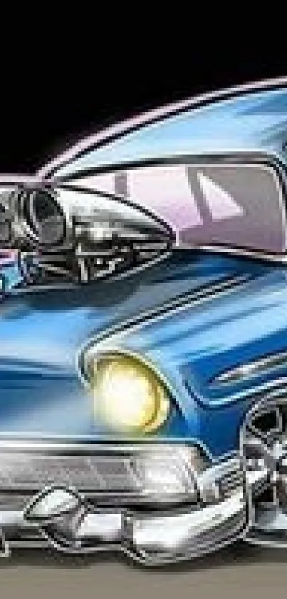 Illustration of a retro blue car in cartoon style.