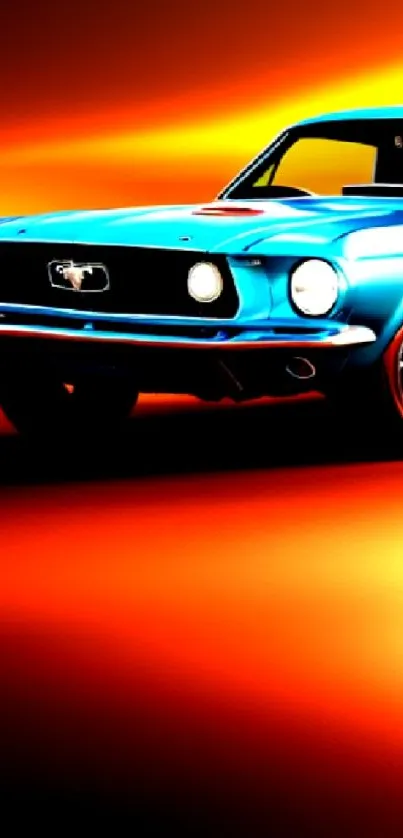 Retro blue car on vibrant orange background wallpaper.