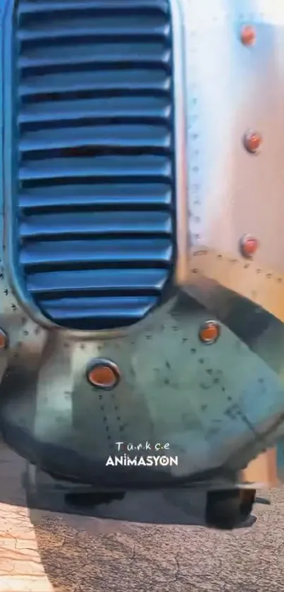 Close-up view of a retro vehicle's blue metal grill with industrial design elements.