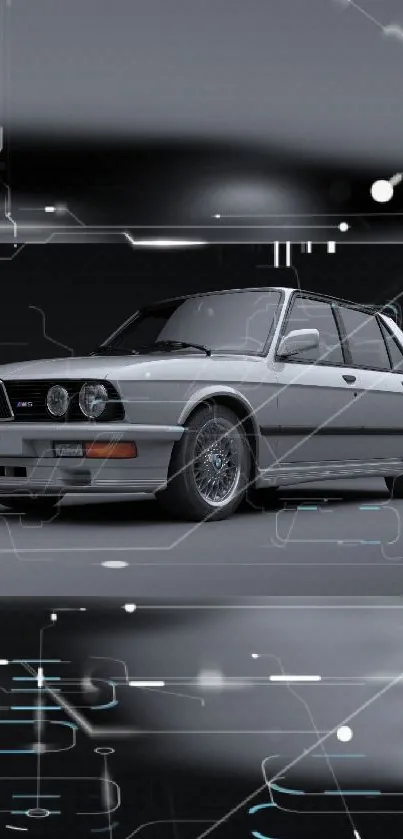 Vintage BMW car with futuristic tech design in gray tones.