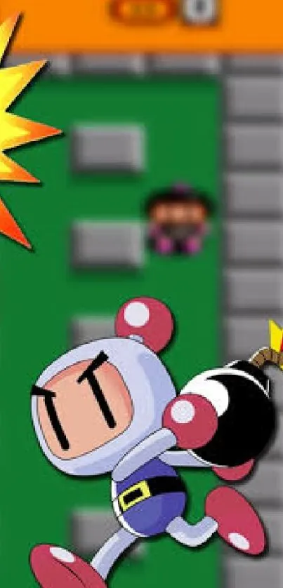 Colorful Bomberman game wallpaper with classic characters and explosive action.