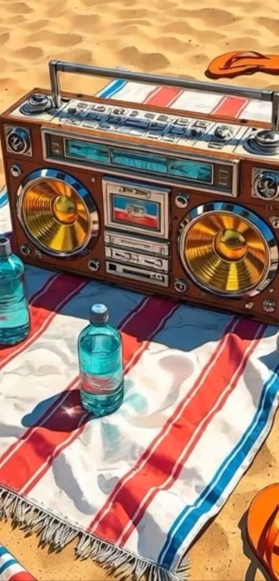 Retro boombox on colorful beach setup with towels and sandals.