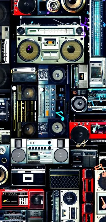 Collage of vintage boomboxes in vibrant colors for a retro-themed mobile wallpaper.