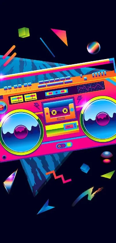 Vibrant retro boombox with neon colors and abstract geometric shapes.