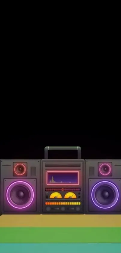 Retro boombox with neon accents on a black mobile wallpaper.