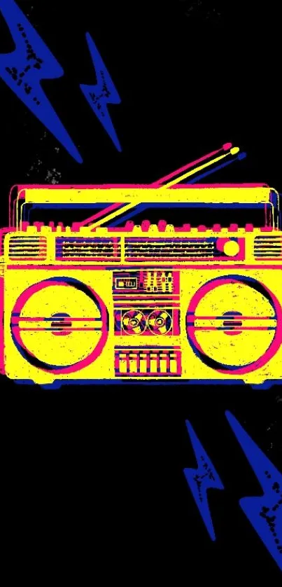 Retro neon boombox with colorful lightning on black background.