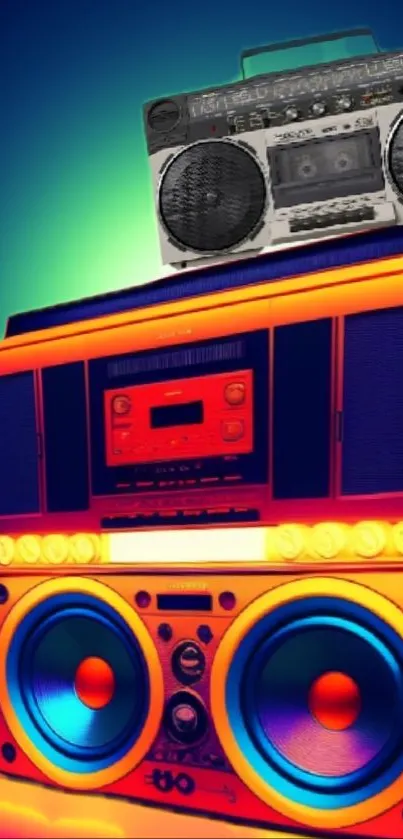 Retro boombox with neon colors on phone wallpaper.