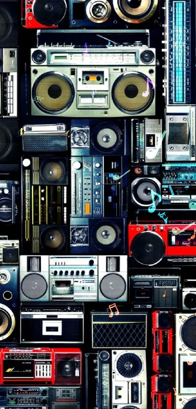 Colorful retro boomboxes collage wallpaper.
