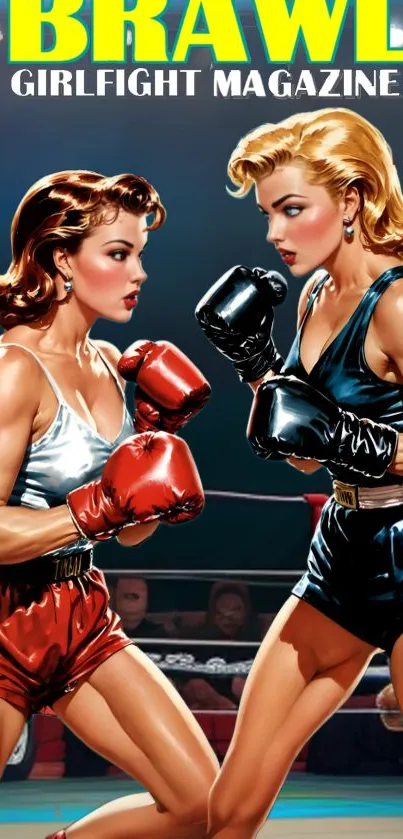 Retro art of female boxers in the ring.