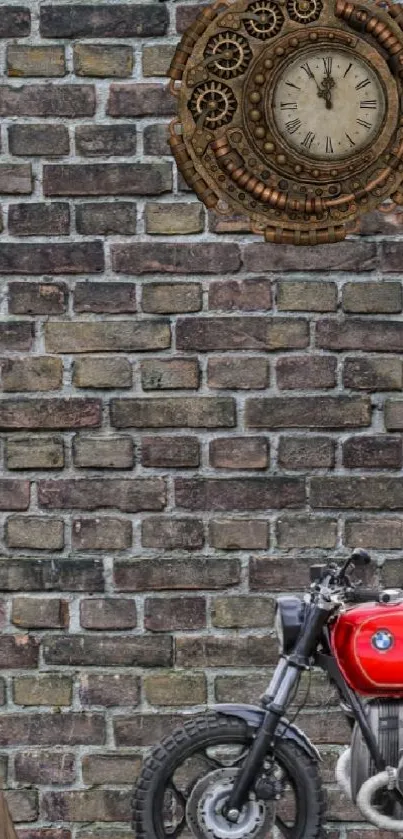 Brick wall, red motorcycle, vintage clock.