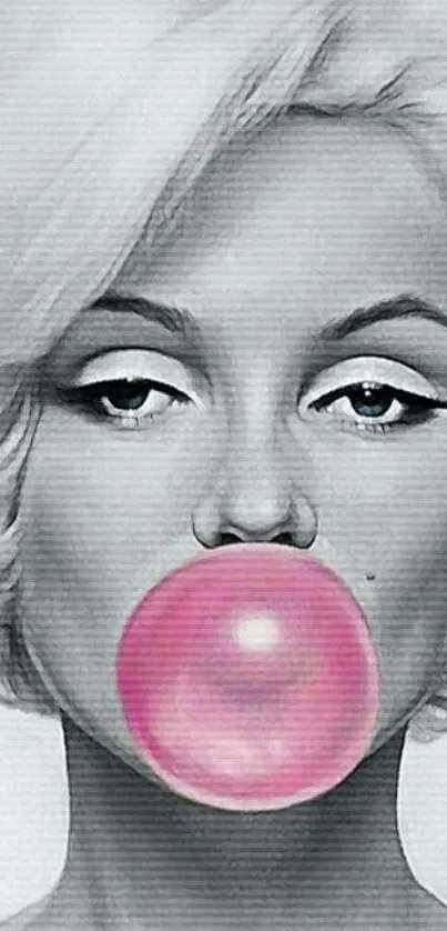 Retro black and white wallpaper with pink bubblegum art.