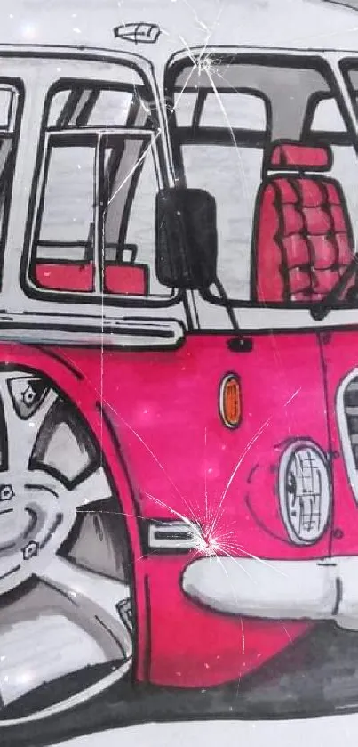 Illustration of a retro bus in red and black with large wheels and detailed sketching.