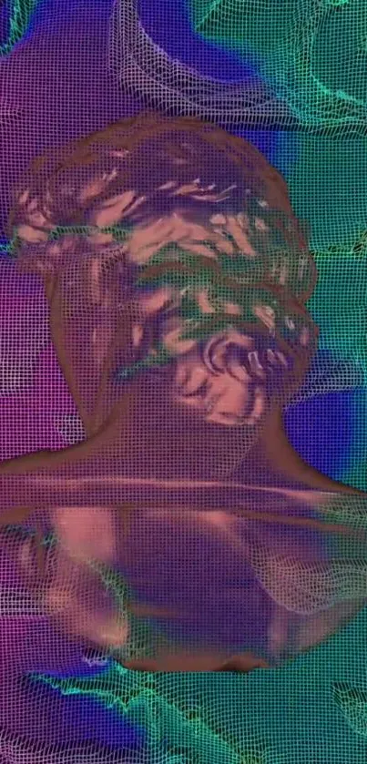 Vaporwave-inspired wallpaper with classical bust in neon colors.