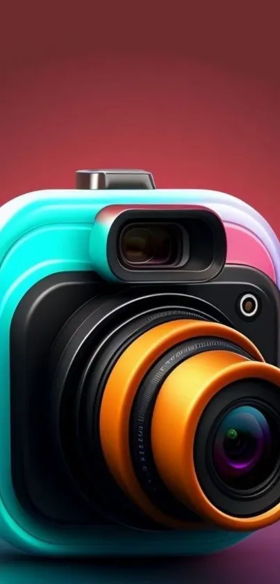 Vibrant retro camera design with colorful lens on a burgundy background.