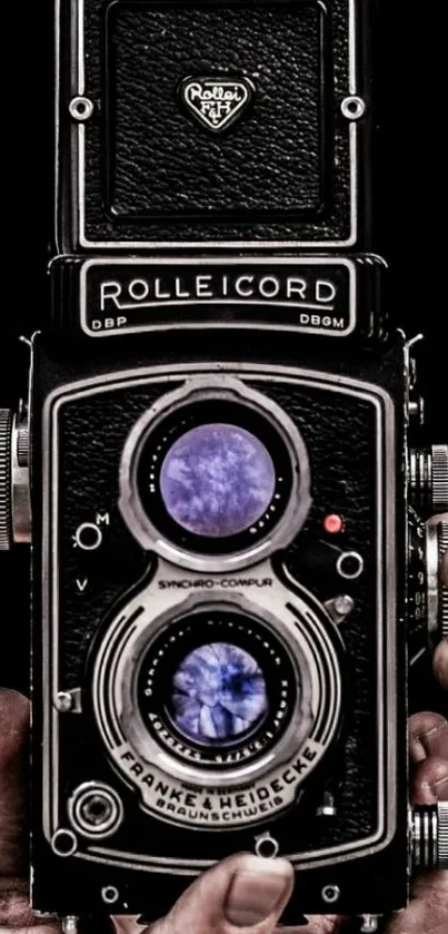 Vintage camera art with rich black tones and intricate design details.