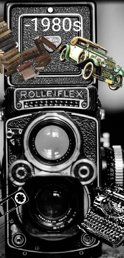 Retro camera wallpaper with vintage 1980s elements, featuring cassette tape.