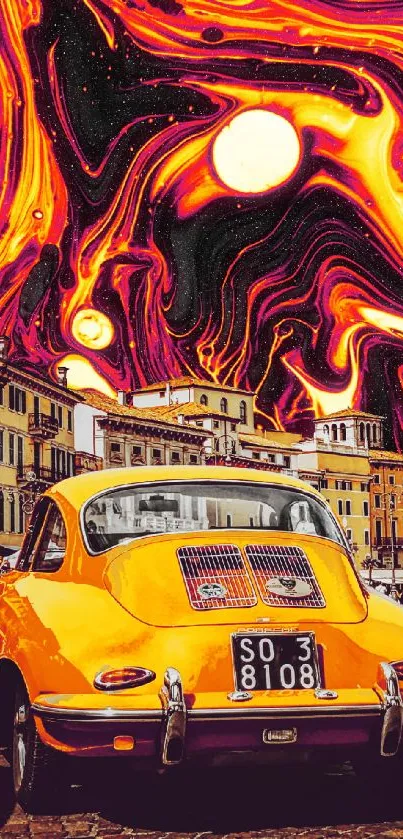 Retro yellow car with cosmic swirl backdrop in urban setting.