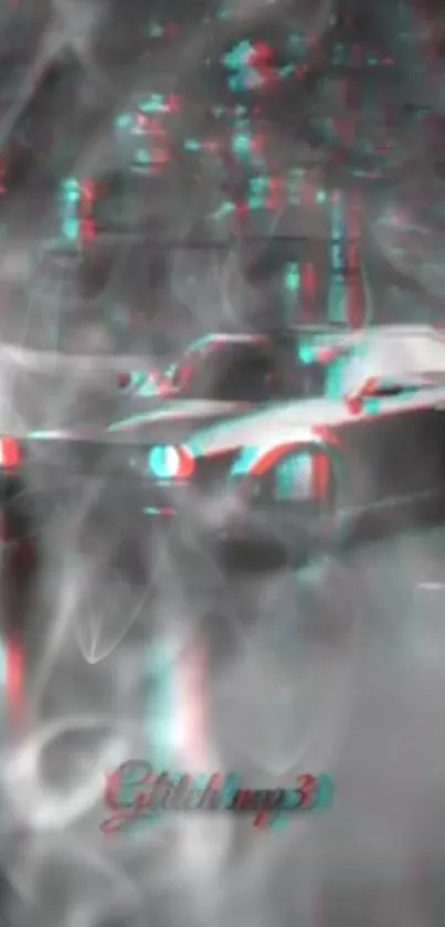 3D retro car in smoke with neon effects.