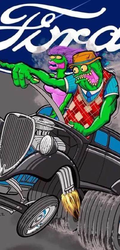 Cartoon aliens driving a classic car under the Ford logo.