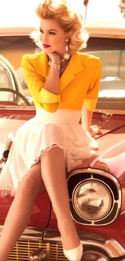Woman in retro fashion on vintage car
