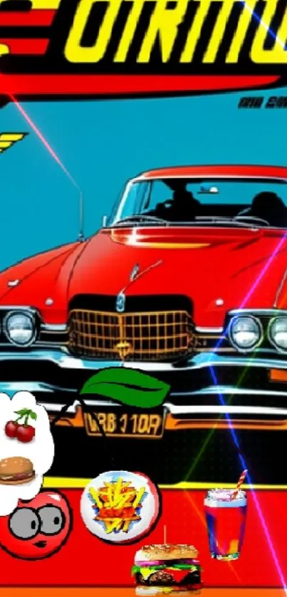 Retro red car with vibrant fast food icons in pop art style.