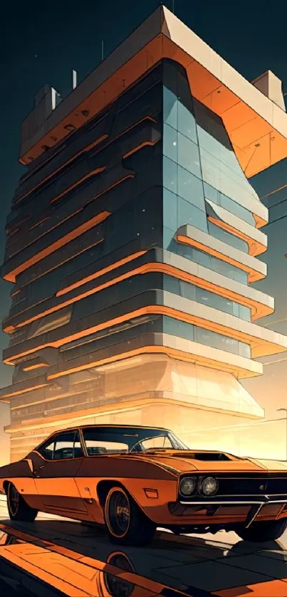 Orange retro car in front of futuristic building with city lights.