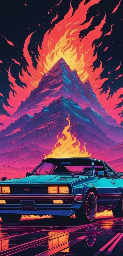 Retro car with neon mountain backdrop.