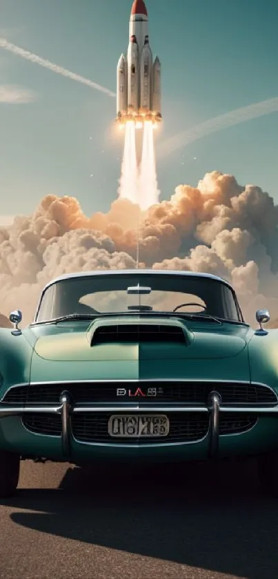 Vintage car on desert road with rocket blasting off behind.