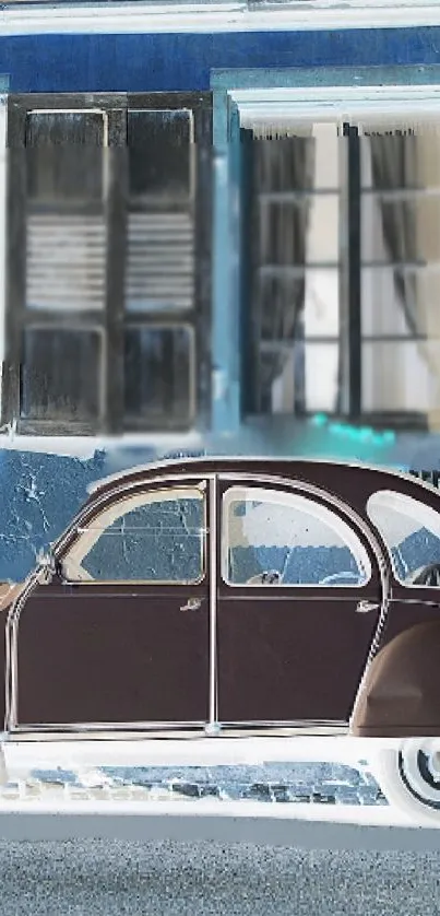 Retro car with blue wall background and vintage windows.