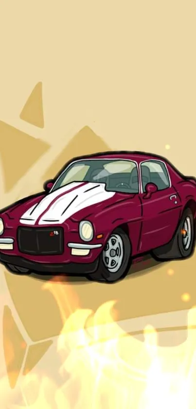 Illustrated red retro car with flames on beige background.