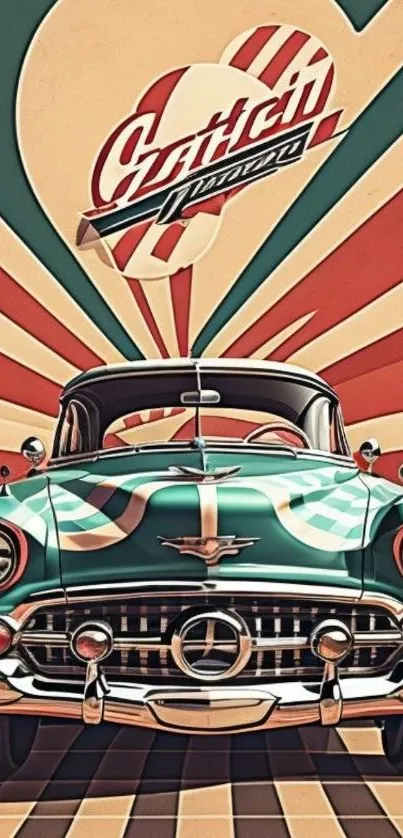 Retro car artwork with vibrant Art Deco patterns in teal and warm hues.