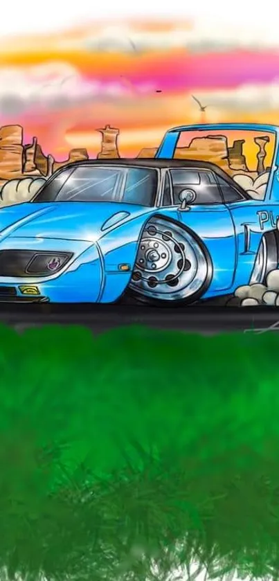 Vibrant retro car art with blue vehicle and scenic backdrop.