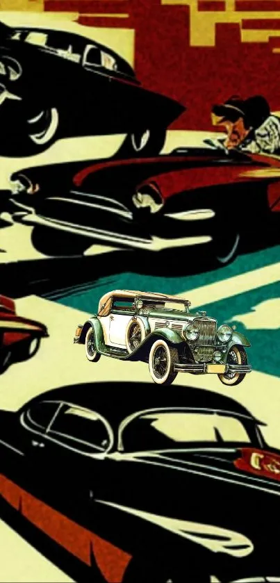 Vintage car-themed wallpaper with bold retro design.