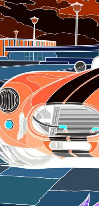 Illustrated retro car with bold orange tones in a dynamic design.