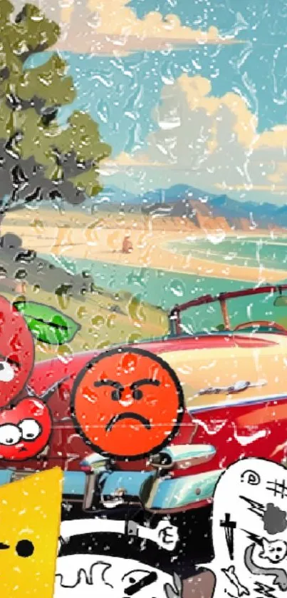 Retro car with cartoon characters on a sunny coastal backdrop.