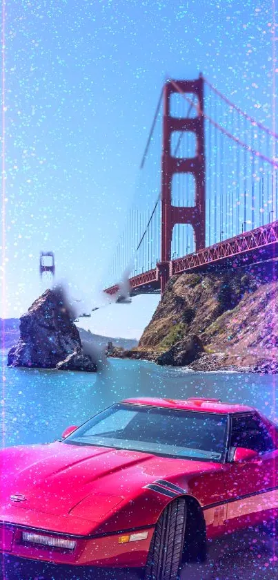 Retro red car by Golden Gate Bridge with glittery sky.