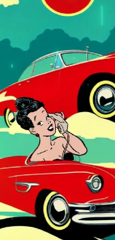 Retro cartoon wallpaper with vintage red cars.